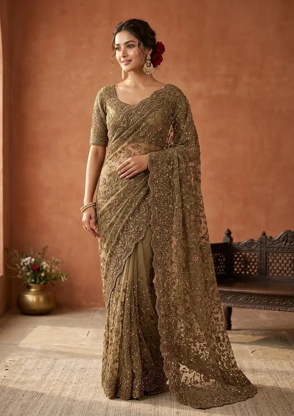 Mehendi_Net_Cording_Saree_With_Matching_Blouse_Piece