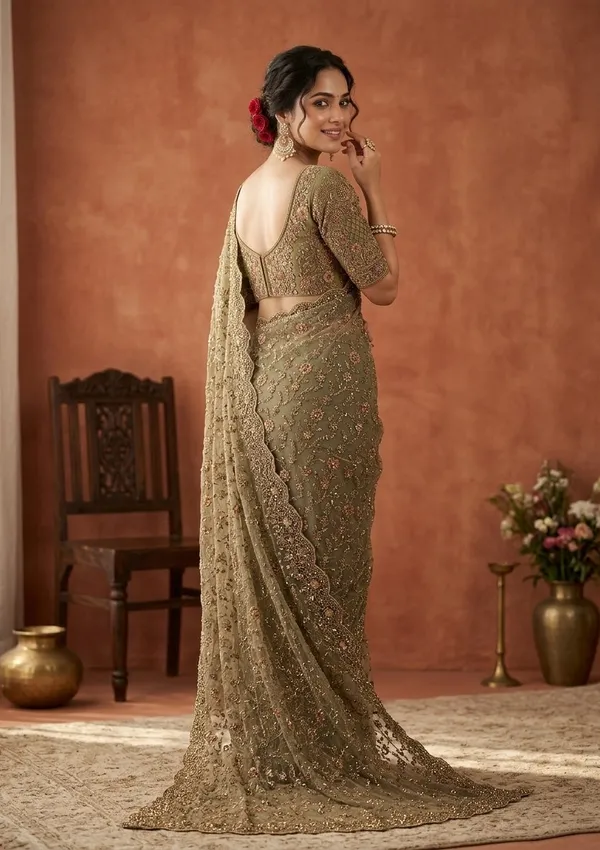 Mehendi_Net_Cording_Saree_With_Matching_Blouse_Piece