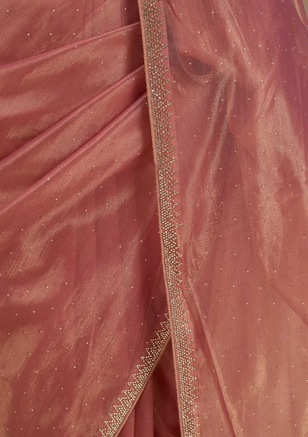 Rust_Tissue_Gold_Stonework_Saree_With_Matching_Blouse_Piece