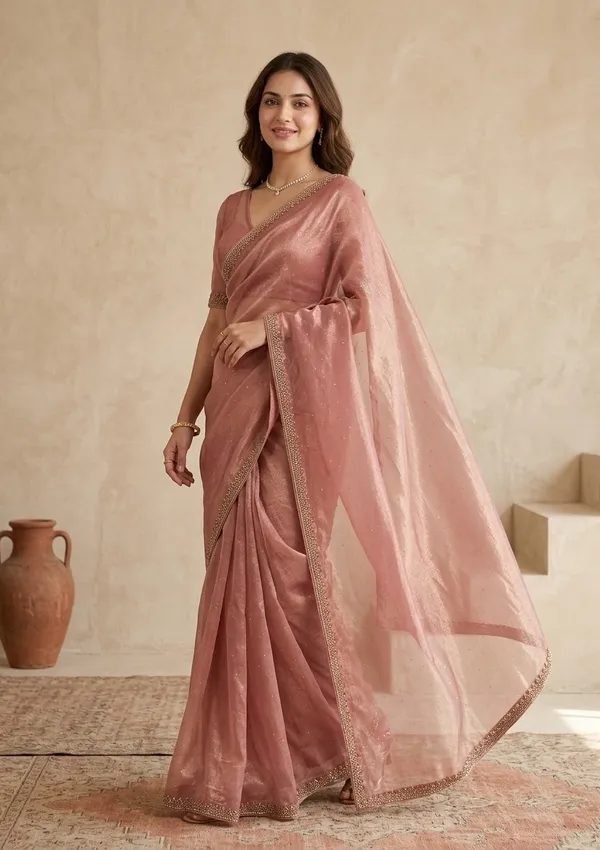 Rust_Tissue_Gold_Stonework_Saree_With_Matching_Blouse_Piece