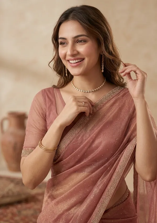 Rust_Tissue_Gold_Stonework_Saree_With_Matching_Blouse_Piece