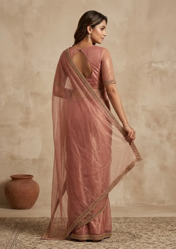 Rust_Tissue_Gold_Stonework_Saree_With_Matching_Blouse_Piece