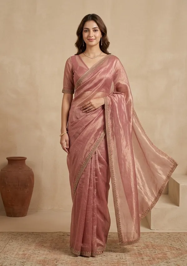 Rust_Tissue_Gold_Stonework_Saree_With_Matching_Blouse_Piece