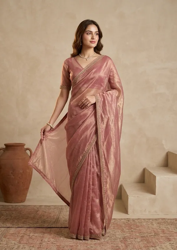 Rust_Tissue_Gold_Stonework_Saree_With_Matching_Blouse_Piece