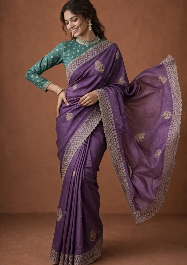 Lavender_Soft_Raw_Silk_Floral_Gold_Zariwork_Saree_With_Matching_Blouse_Piece