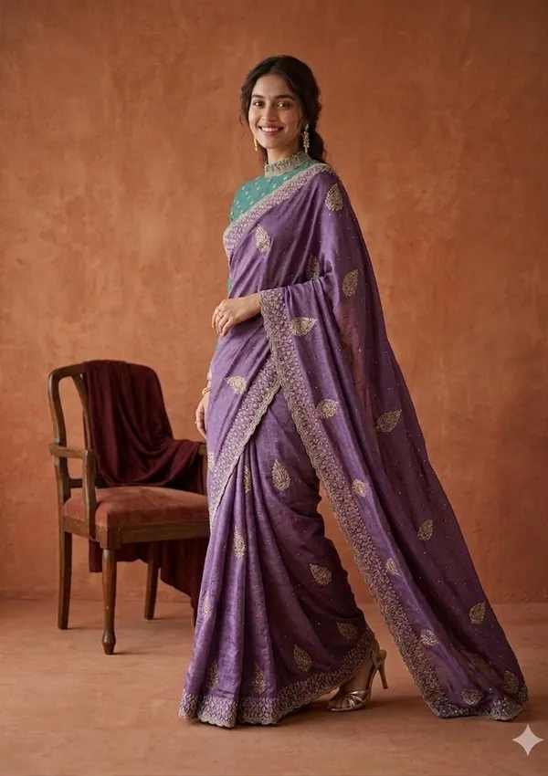 Lavender_Soft_Raw_Silk_Floral_Gold_Zariwork_Saree_With_Matching_Blouse_Piece