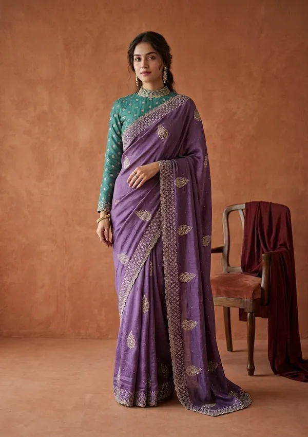 Lavender_Soft_Raw_Silk_Floral_Gold_Zariwork_Saree_With_Matching_Blouse_Piece