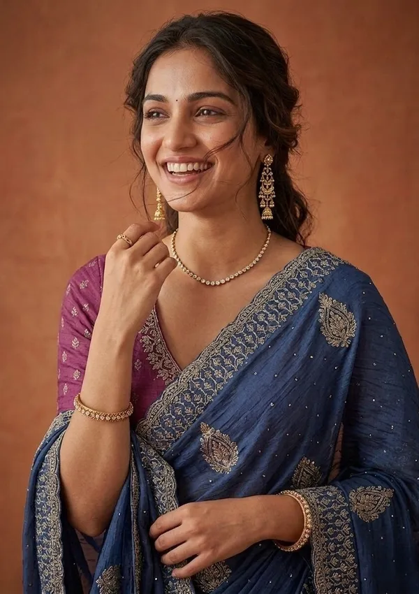 Blue_Soft_Raw_Silk_Floral_Gold_Zariwork_Saree_With_Matching_Blouse_Piece