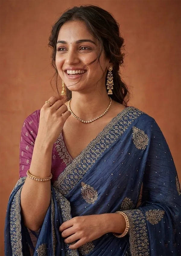 Blue_Soft_Raw_Silk_Floral_Gold_Zariwork_Saree_With_Matching_Blouse_Piece
