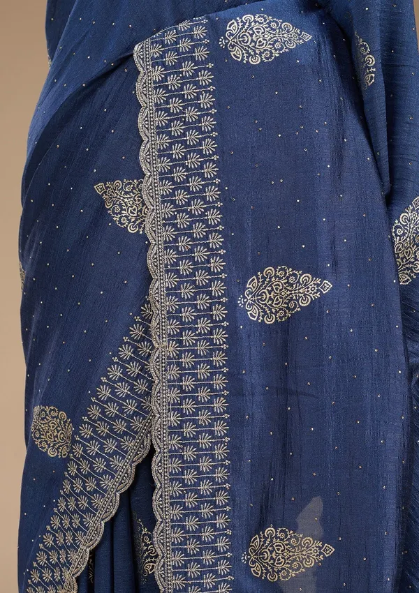 Blue_Soft_Raw_Silk_Floral_Gold_Zariwork_Saree_With_Matching_Blouse_Piece