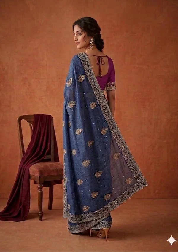 Blue_Soft_Raw_Silk_Floral_Gold_Zariwork_Saree_With_Matching_Blouse_Piece