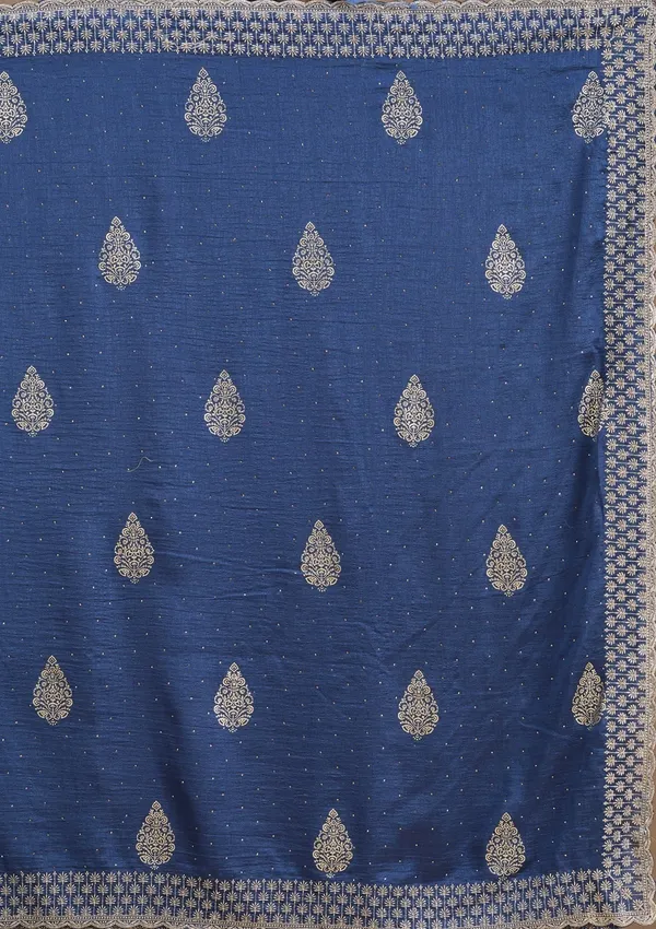 Blue_Soft_Raw_Silk_Floral_Gold_Zariwork_Saree_With_Matching_Blouse_Piece