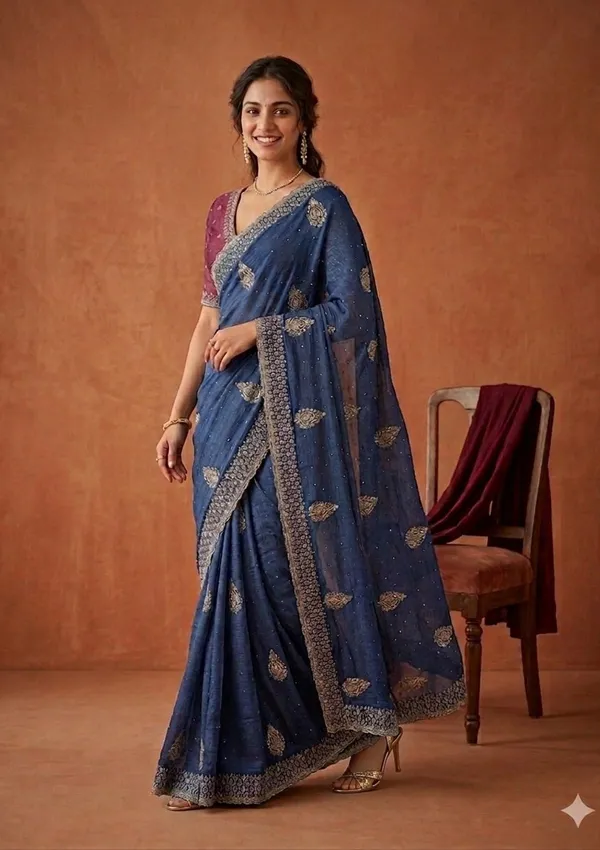 Blue_Soft_Raw_Silk_Floral_Gold_Zariwork_Saree_With_Matching_Blouse_Piece