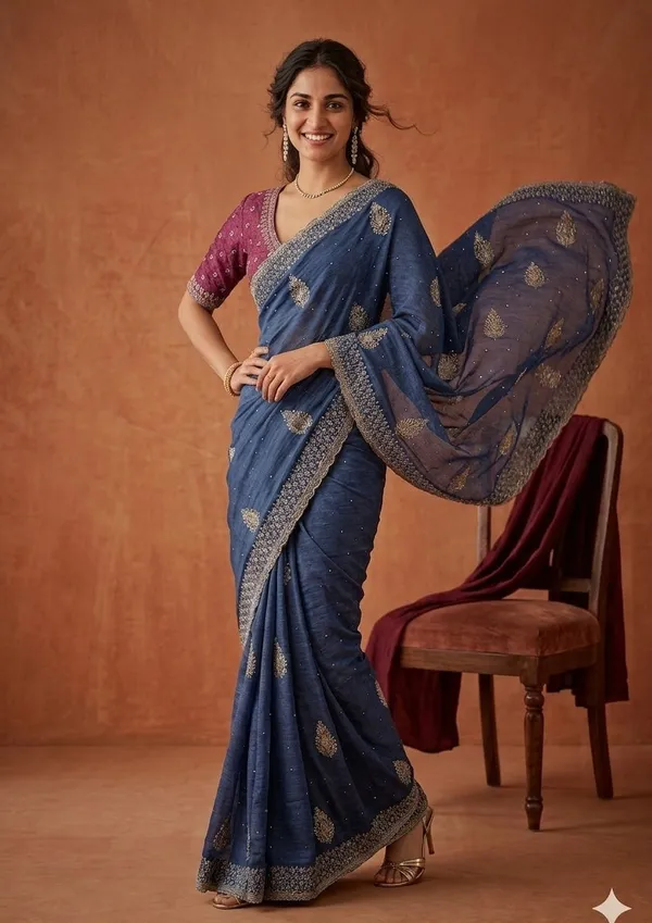 Blue_Soft_Raw_Silk_Floral_Gold_Zariwork_Saree_With_Matching_Blouse_Piece
