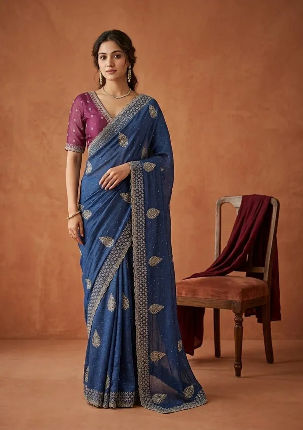 Blue_Soft_Raw_Silk_Floral_Gold_Zariwork_Saree_With_Matching_Blouse_Piece