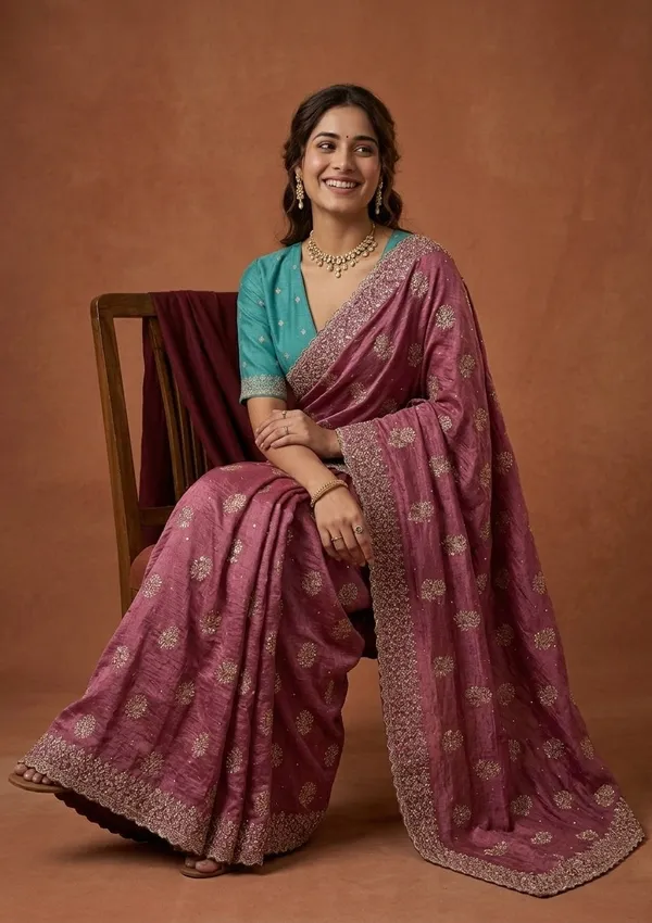 Onion_Pink_Soft_Raw_Silk_Floral_Printed_Gold_Zariwork_Saree_With_Matching_Blouse_Piece