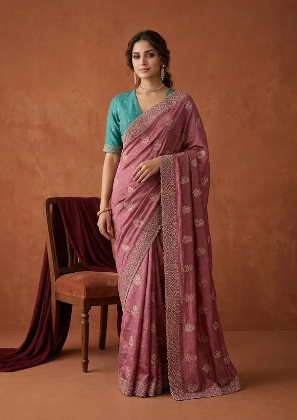 Onion_Pink_Soft_Raw_Silk_Floral_Printed_Gold_Zariwork_Saree_With_Matching_Blouse_Piece
