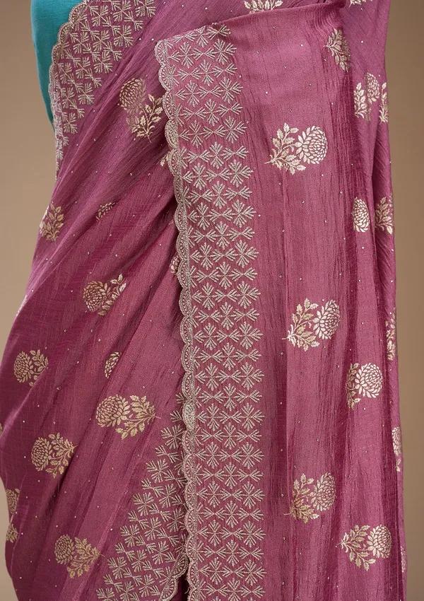 Onion_Pink_Soft_Raw_Silk_Floral_Printed_Gold_Zariwork_Saree_With_Matching_Blouse_Piece