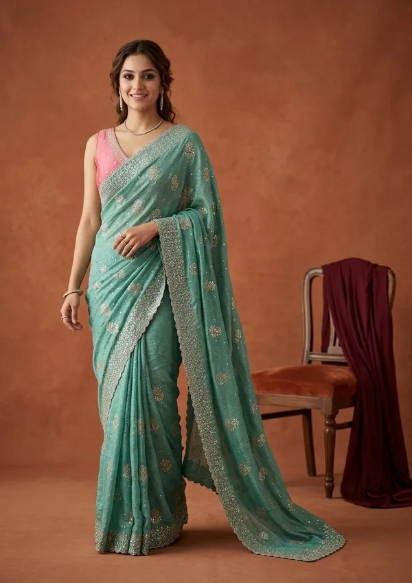 Sea_Green_Soft_Raw_Silk_Floral_Printed_Gold_Zariwork_Saree_With_Matching_Blouse_Piece