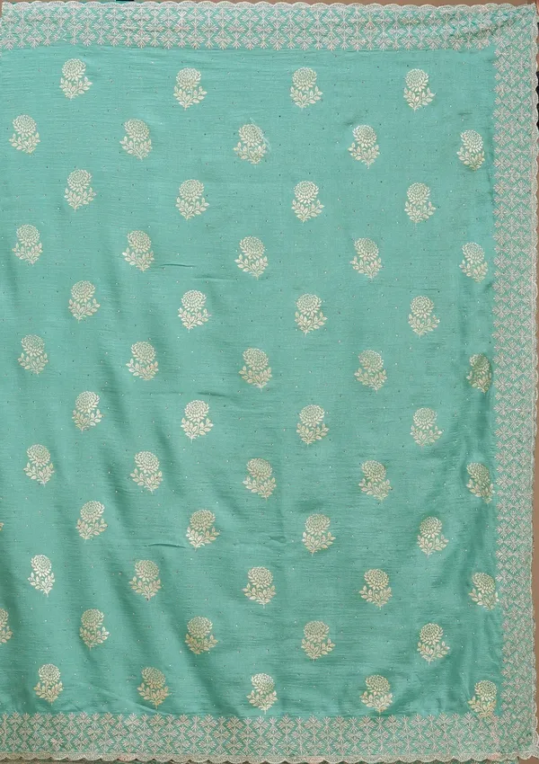 Sea_Green_Soft_Raw_Silk_Floral_Printed_Gold_Zariwork_Saree_With_Matching_Blouse_Piece
