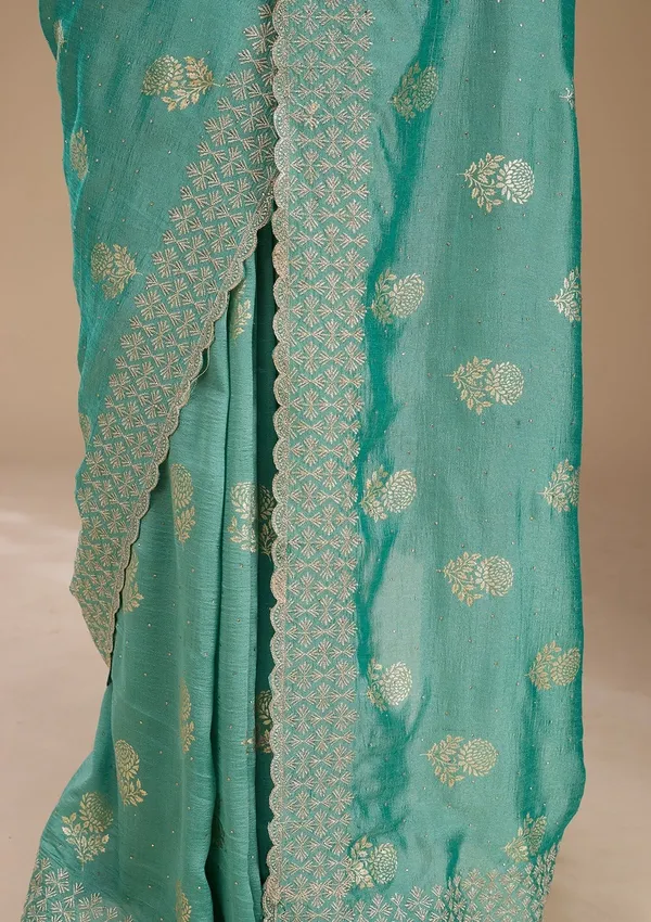 Sea_Green_Soft_Raw_Silk_Floral_Printed_Gold_Zariwork_Saree_With_Matching_Blouse_Piece
