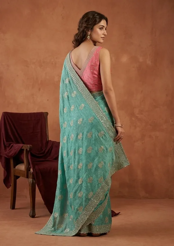 Sea_Green_Soft_Raw_Silk_Floral_Printed_Gold_Zariwork_Saree_With_Matching_Blouse_Piece