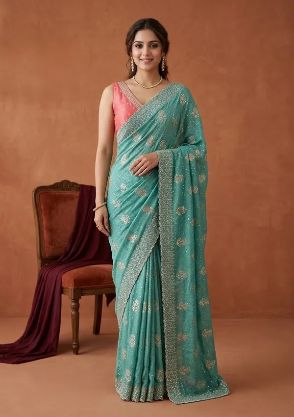 Sea_Green_Soft_Raw_Silk_Floral_Printed_Gold_Zariwork_Saree_With_Matching_Blouse_Piece