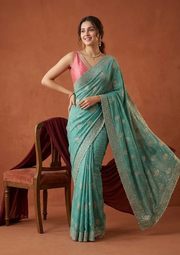 Sea_Green_Soft_Raw_Silk_Floral_Printed_Gold_Zariwork_Saree_With_Matching_Blouse_Piece