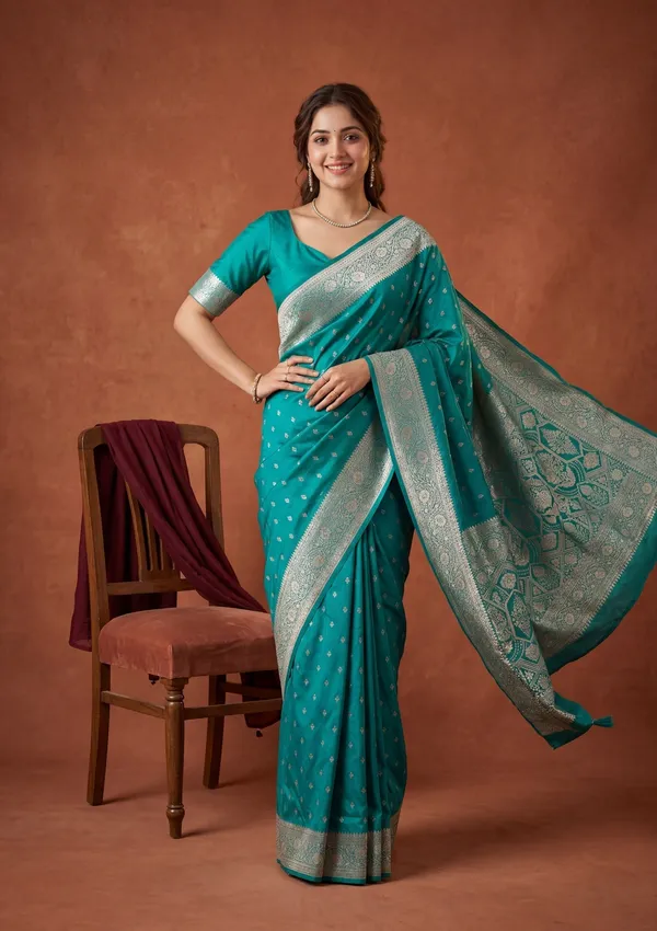 Rama_Green_Silk_Buti_Gold_Stonework_Saree_With_Matching_Blouse_Piece