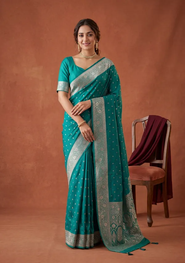 Rama_Green_Silk_Buti_Gold_Stonework_Saree_With_Matching_Blouse_Piece