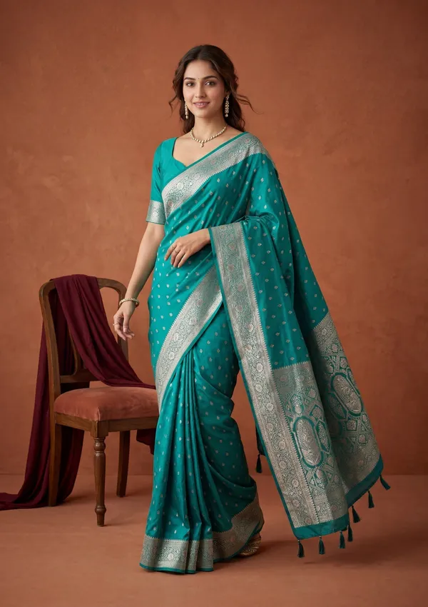 Rama_Green_Silk_Buti_Gold_Stonework_Saree_With_Matching_Blouse_Piece