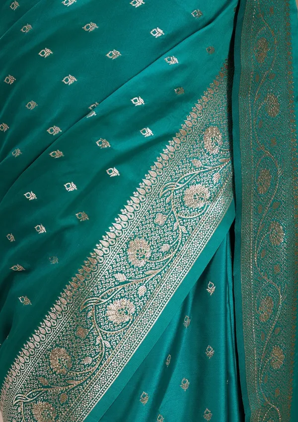 Rama_Green_Silk_Buti_Gold_Stonework_Saree_With_Matching_Blouse_Piece