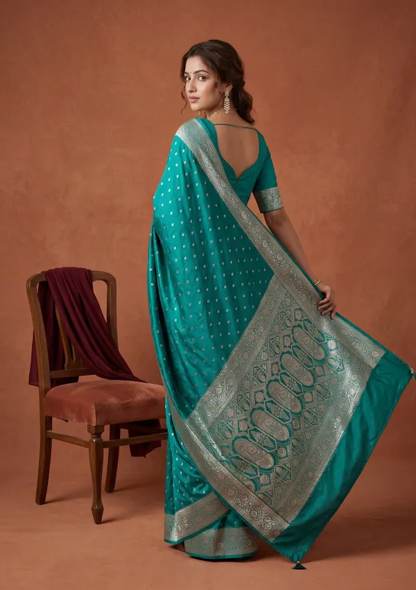 Rama_Green_Silk_Buti_Gold_Stonework_Saree_With_Matching_Blouse_Piece