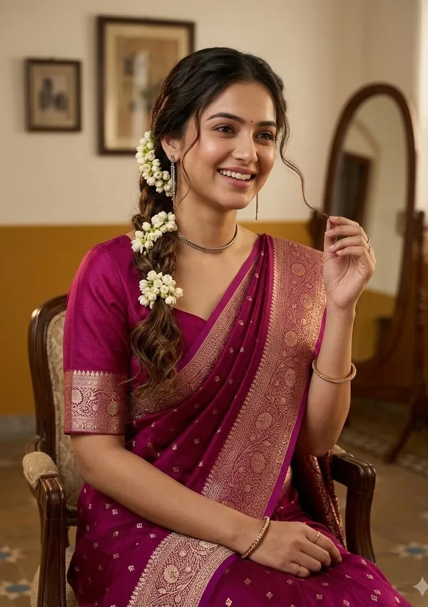 Wine_Silk_Buti_Gold_Stonework_Saree_With_Matching_Blouse_Piece