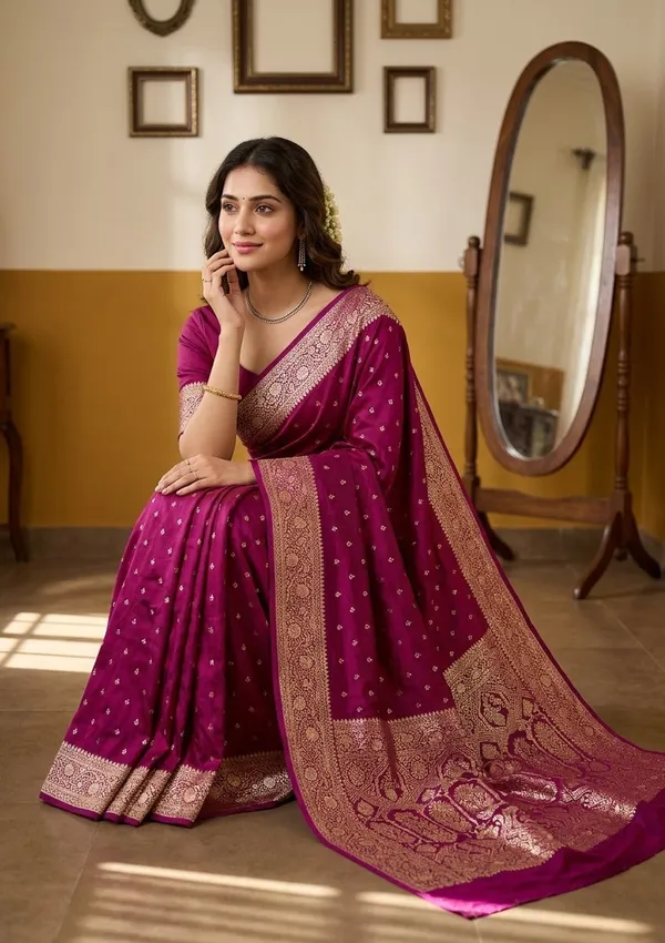 Wine_Silk_Buti_Gold_Stonework_Saree_With_Matching_Blouse_Piece