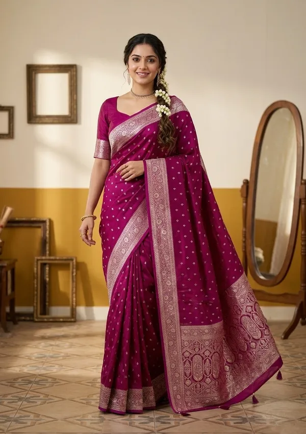 Wine_Silk_Buti_Gold_Stonework_Saree_With_Matching_Blouse_Piece