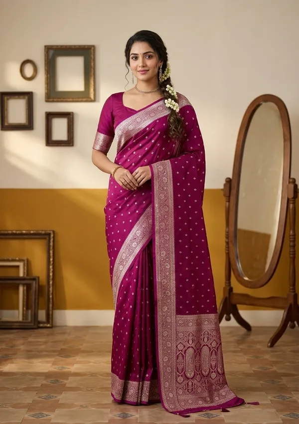 Wine_Silk_Buti_Gold_Stonework_Saree_With_Matching_Blouse_Piece