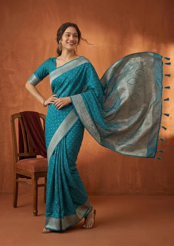 Turquoise_Blue_Silk_Buti_Gold_Stonework_Saree_With_Matching_Blouse_Piece