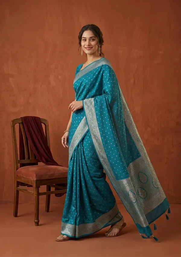 Turquoise_Blue_Silk_Buti_Gold_Stonework_Saree_With_Matching_Blouse_Piece