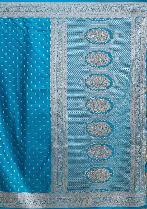 Turquoise_Blue_Silk_Buti_Gold_Stonework_Saree_With_Matching_Blouse_Piece