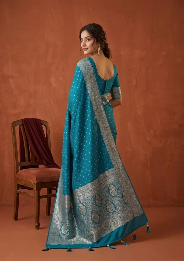 Turquoise_Blue_Silk_Buti_Gold_Stonework_Saree_With_Matching_Blouse_Piece