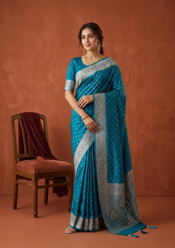 Turquoise_Blue_Silk_Buti_Gold_Stonework_Saree_With_Matching_Blouse_Piece