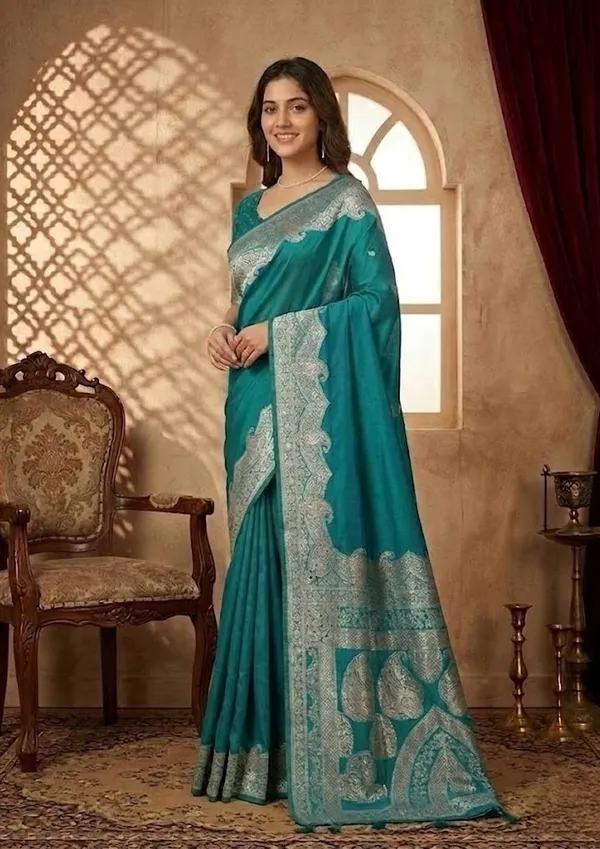 Turquoise_Blue_Silk_Banarasi_Gold_Stonework_Saree_With_Matching_Blouse_Piece
