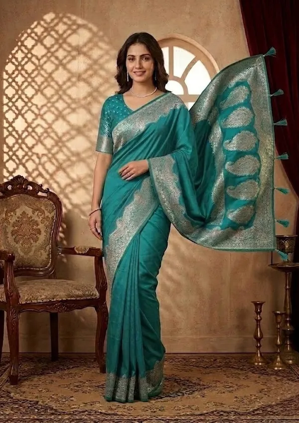 Turquoise_Blue_Silk_Banarasi_Gold_Stonework_Saree_With_Matching_Blouse_Piece