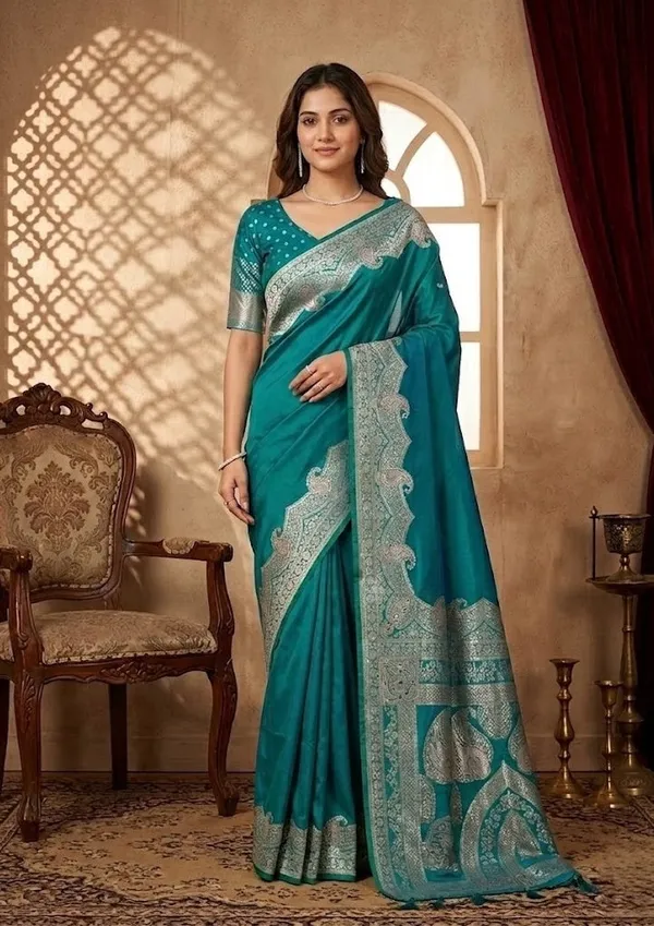 Turquoise_Blue_Silk_Banarasi_Gold_Stonework_Saree_With_Matching_Blouse_Piece