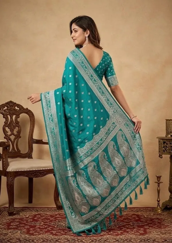 Turquoise_Blue_Silk_Banarasi_Gold_Stonework_Saree_With_Matching_Blouse_Piece