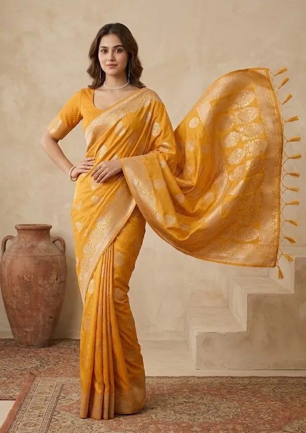 Mustard_Silk_Buti_Gold_Stonework_Saree_With_Matching_Blouse_Piece