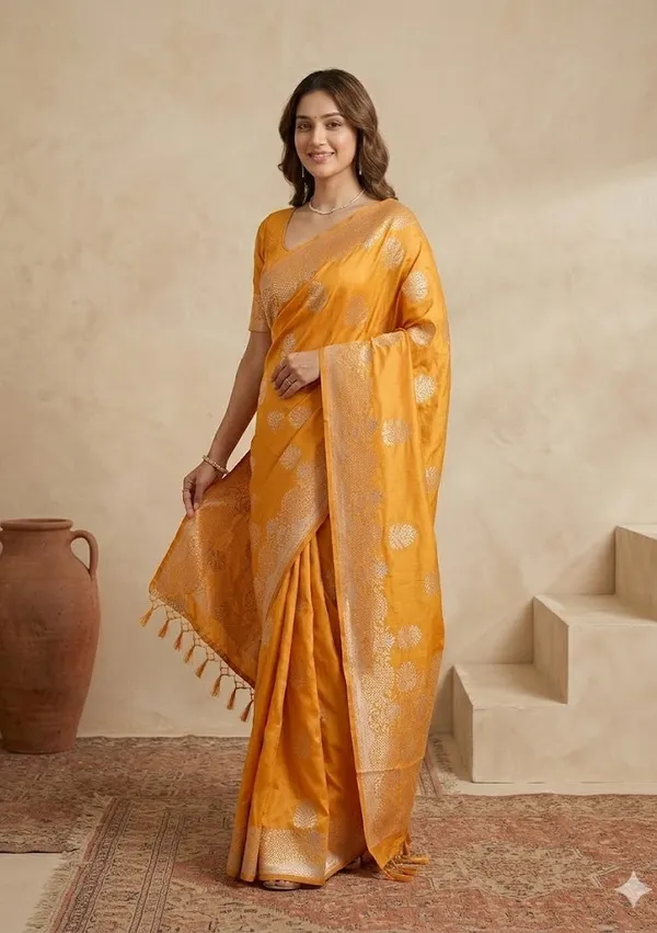 Mustard_Silk_Buti_Gold_Stonework_Saree_With_Matching_Blouse_Piece