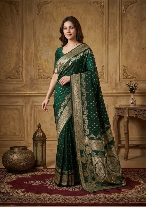 Bottle_Green_Silk_Buti_Gold_Stonework_Saree_With_Matching_Blouse_Piece