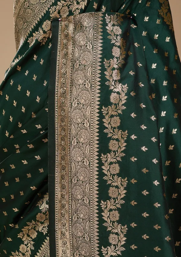 Bottle_Green_Silk_Buti_Gold_Stonework_Saree_With_Matching_Blouse_Piece